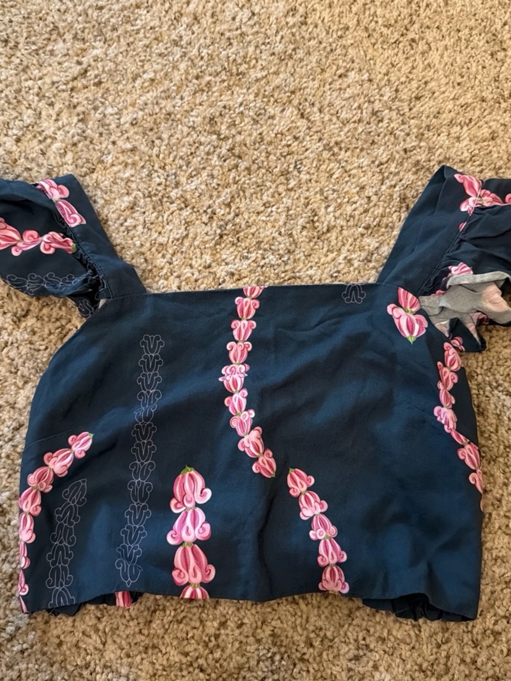 Square-Neck Navy Blouse with Pink Floral Stripe Print